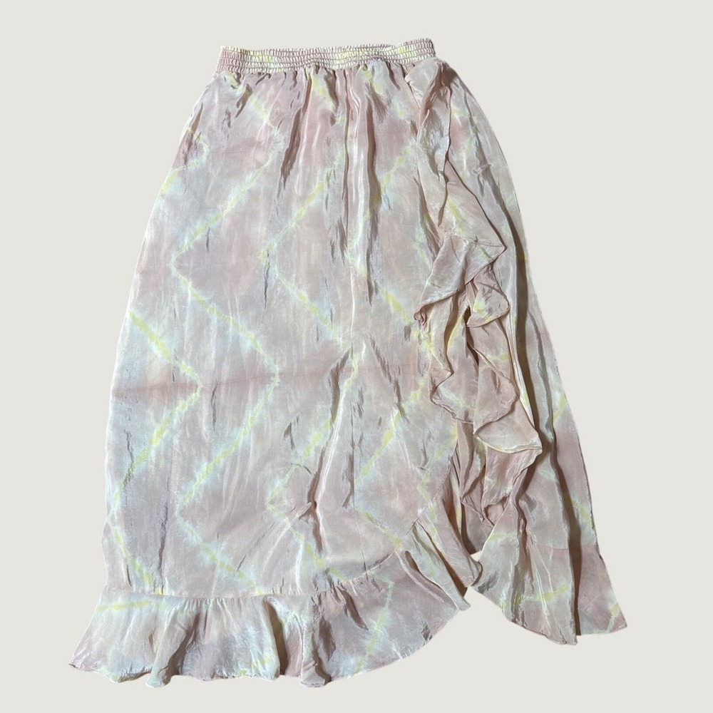 Maje Ruffle Midi Skirt Womens Pink Tie Dye Asymmetrical Boho SIZE 36
